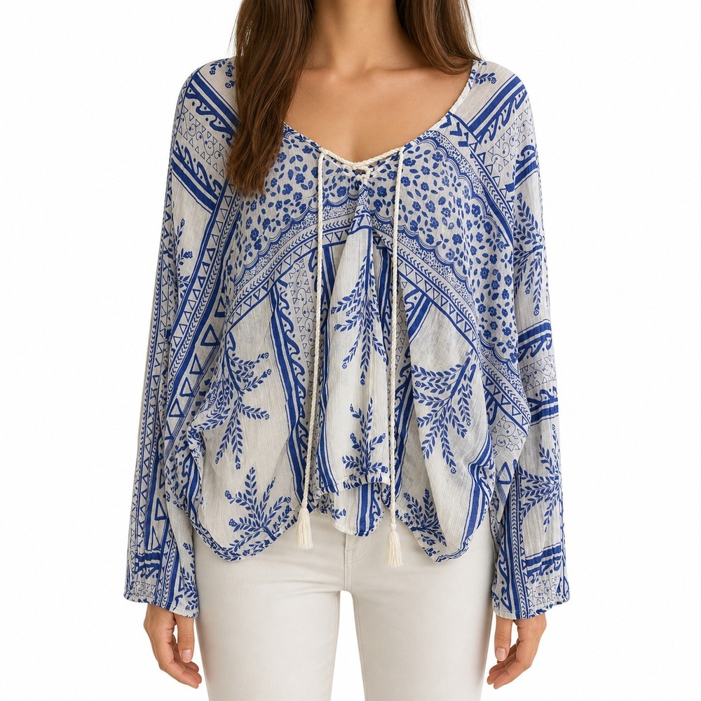 Free People Yo Yo Geo Peasant Blouse Womens L Floral Bohemian Festival Travel